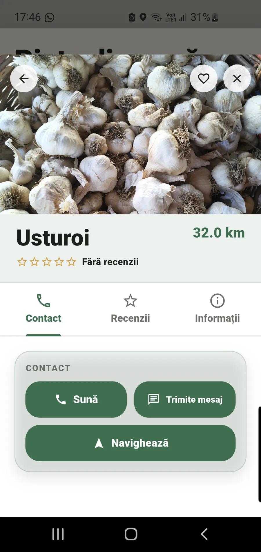 Butoane de contact: sună, trimite mesaj, navighează, rezervă